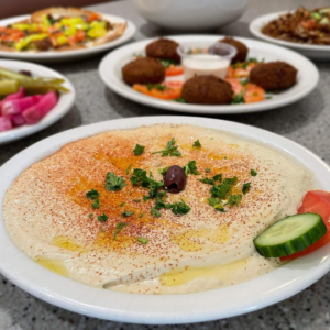Hummus at Aladdin's, vegan appetizer at Lebanese restaurant